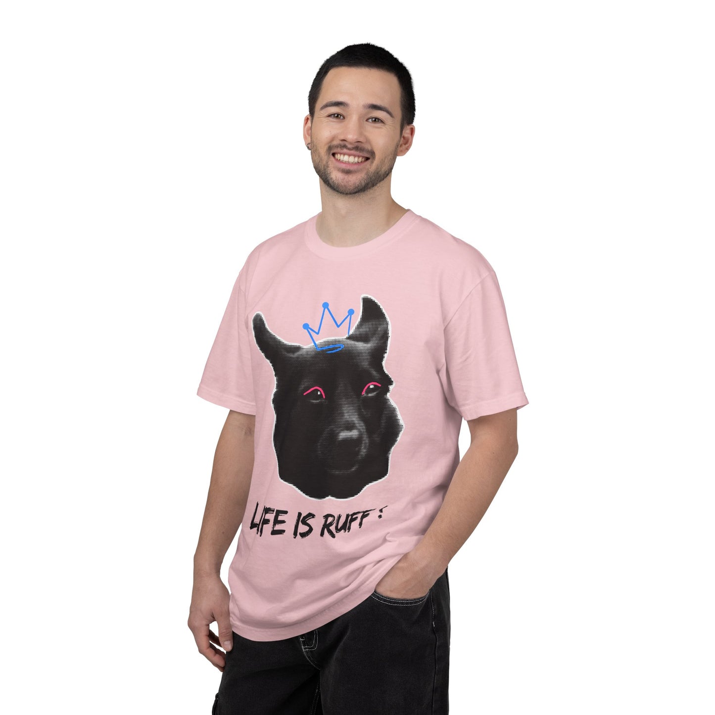 Life Is Ruff T-Shirt | Funny Black Dog with Crown Graphic | Edgy & Cute Pet Lover Tee | Vintage Wash