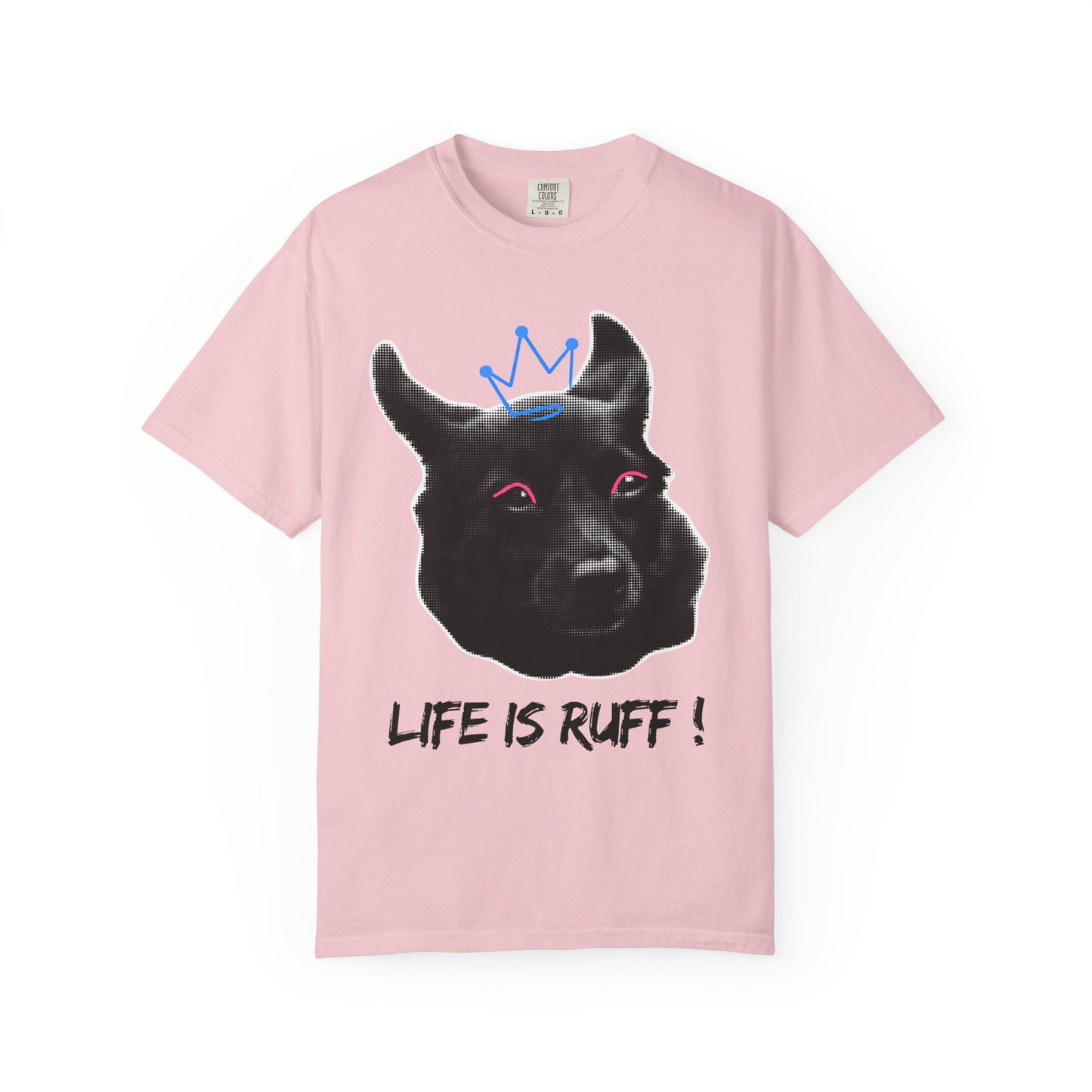 Life Is Ruff T-Shirt | Funny Black Dog with Crown Graphic | Edgy & Cute Pet Lover Tee | Vintage Wash