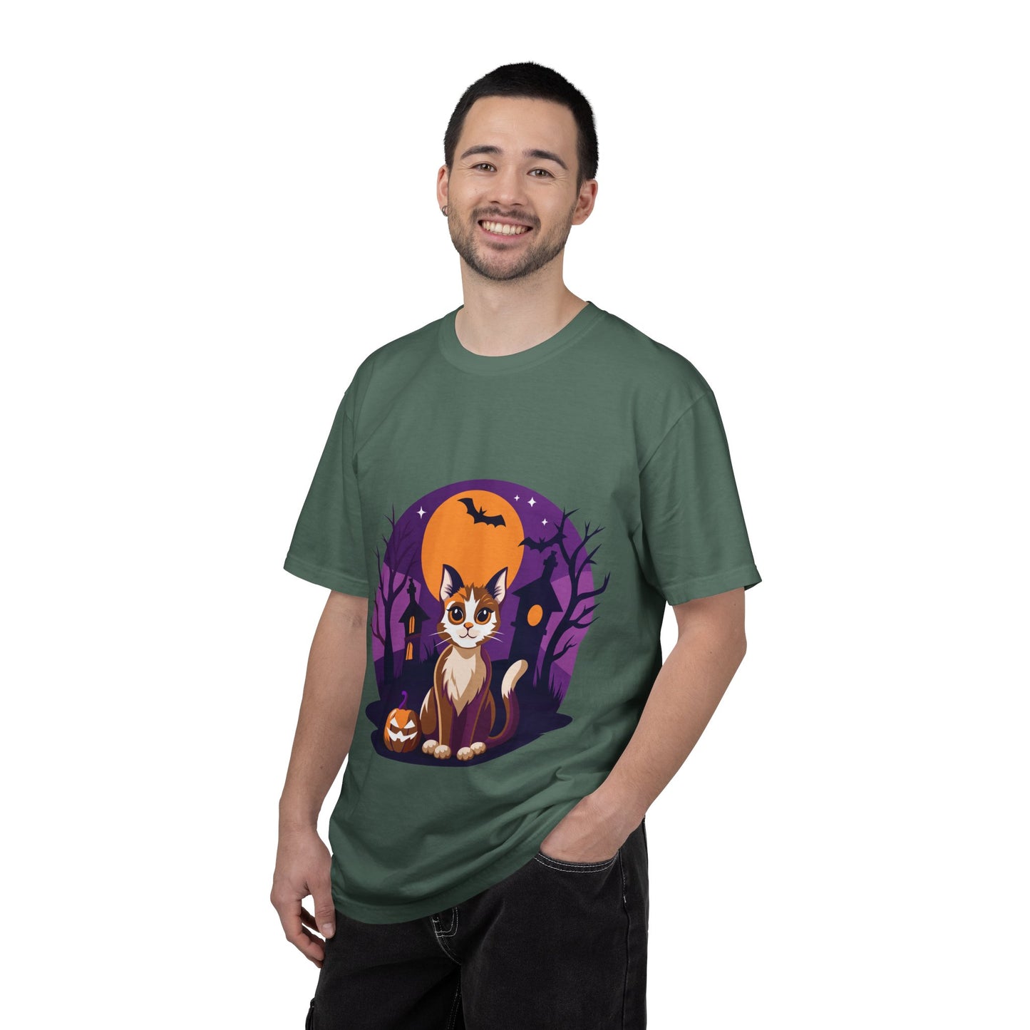 Halloween Cat T-Shirt | Cute Spooky Pumpkin & Haunted House Tee | Vintage Wash Fall Top