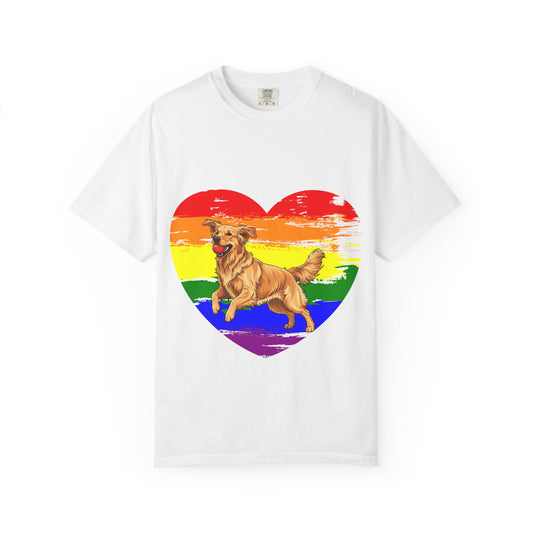 Golden Retriever Rainbow Heart T-Shirt | Colorful Dog Lover Gift | Playful Pup Graphic Tee | Pride & Love