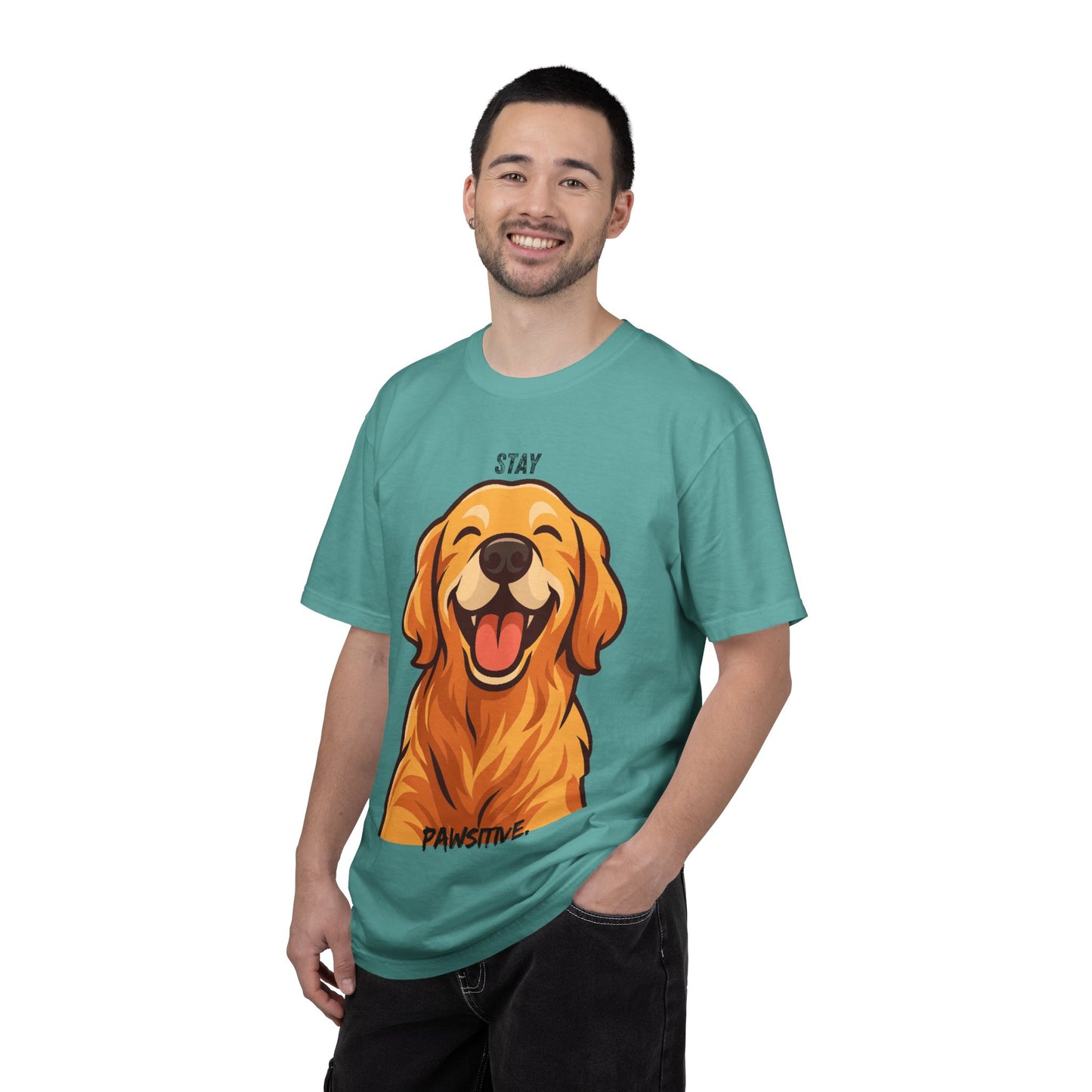 Stay Pawsitive T-Shirt | Smiling Golden Retriever Graphic Tee | Happy Dog Shirt | Positive Vibes Gift
