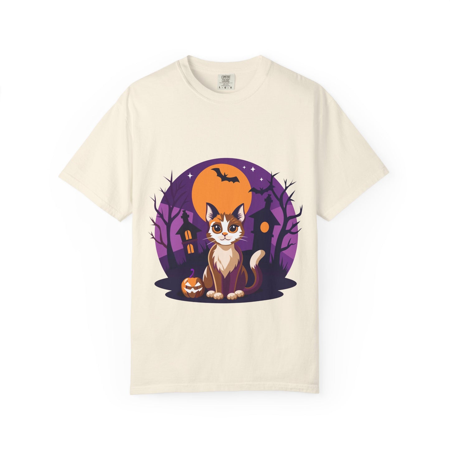 Halloween Cat T-Shirt | Cute Spooky Pumpkin & Haunted House Tee | Vintage Wash Fall Top