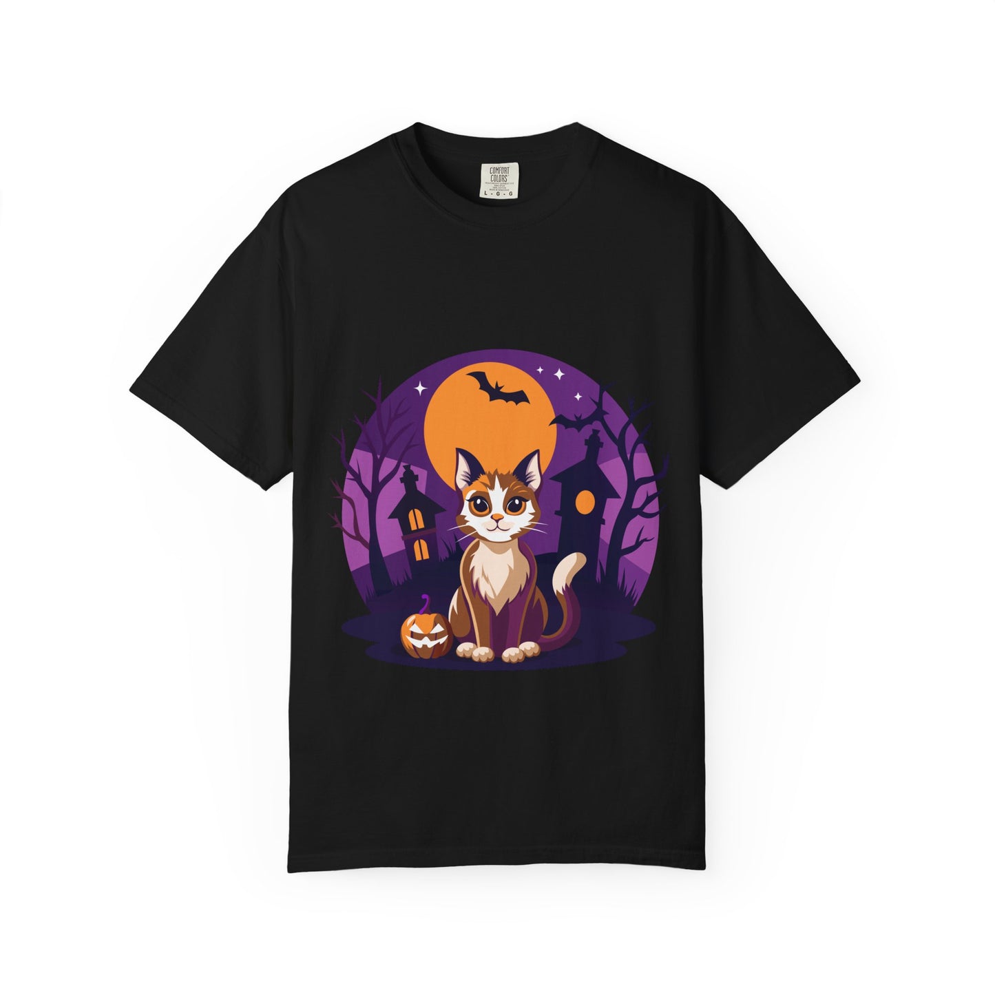 Halloween Cat T-Shirt | Cute Spooky Pumpkin & Haunted House Tee | Vintage Wash Fall Top