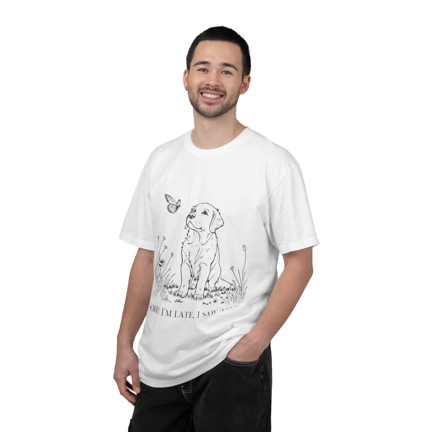 Sorry I'm Late I Saw A Dog T-Shirt | Cute Puppy & Butterfly Graphic Tee | Funny Dog Lover Gift