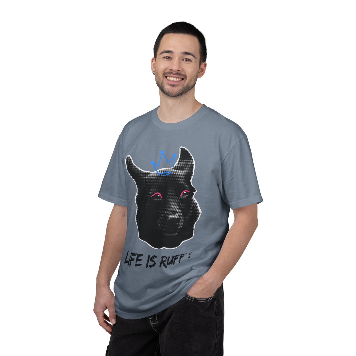 Life Is Ruff T-Shirt | Funny Black Dog with Crown Graphic | Edgy & Cute Pet Lover Tee | Vintage Wash