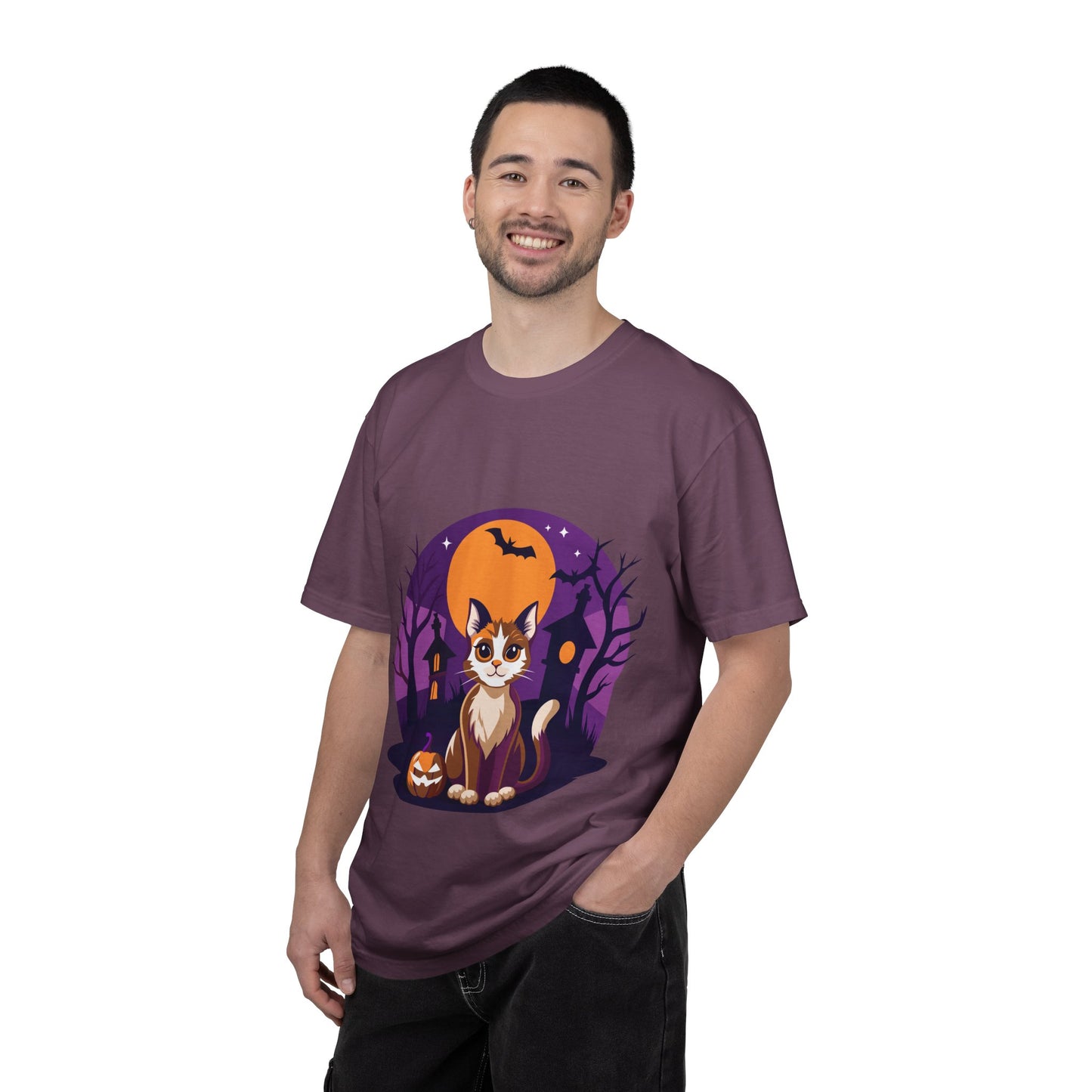 Halloween Cat T-Shirt | Cute Spooky Pumpkin & Haunted House Tee | Vintage Wash Fall Top