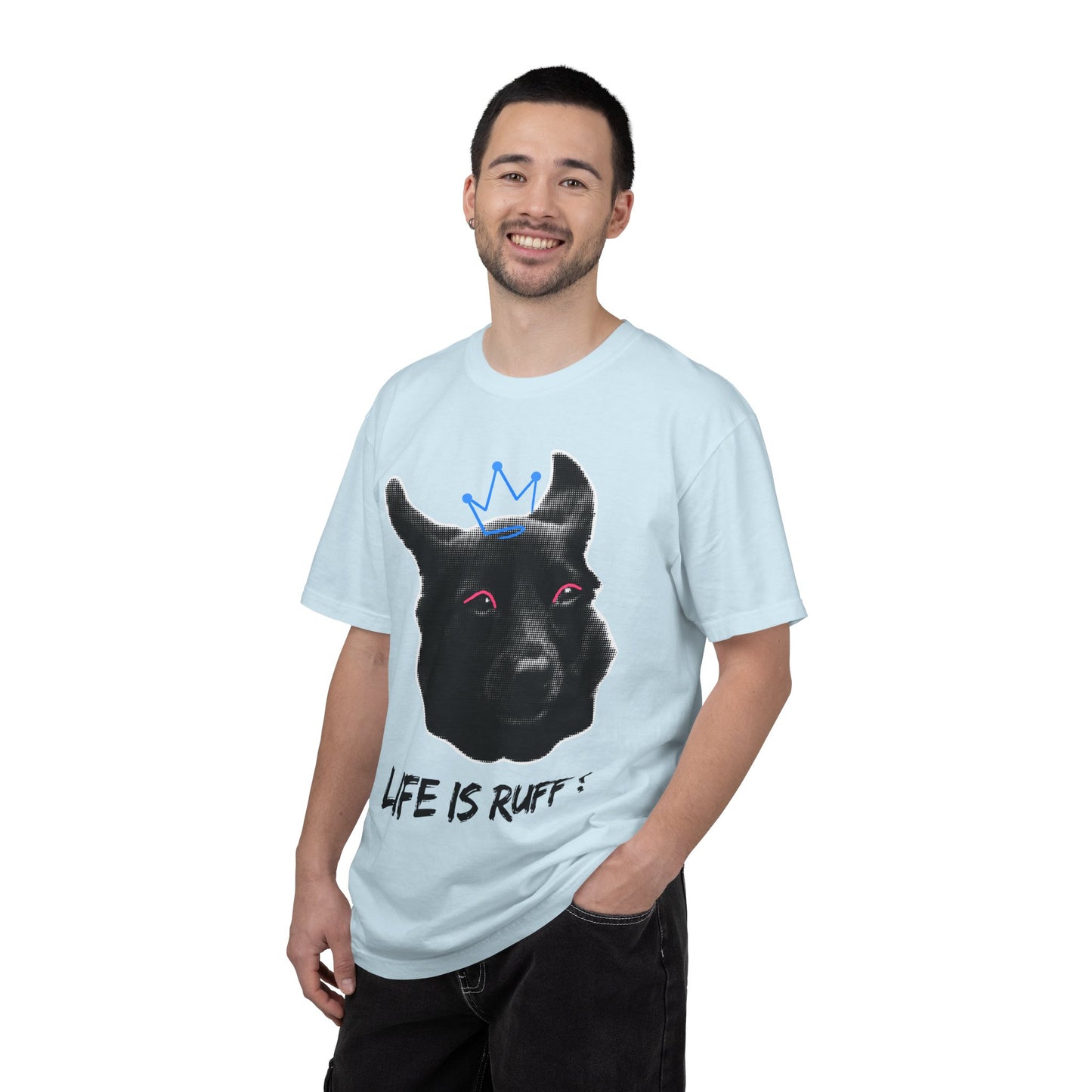 Life Is Ruff T-Shirt | Funny Black Dog with Crown Graphic | Edgy & Cute Pet Lover Tee | Vintage Wash