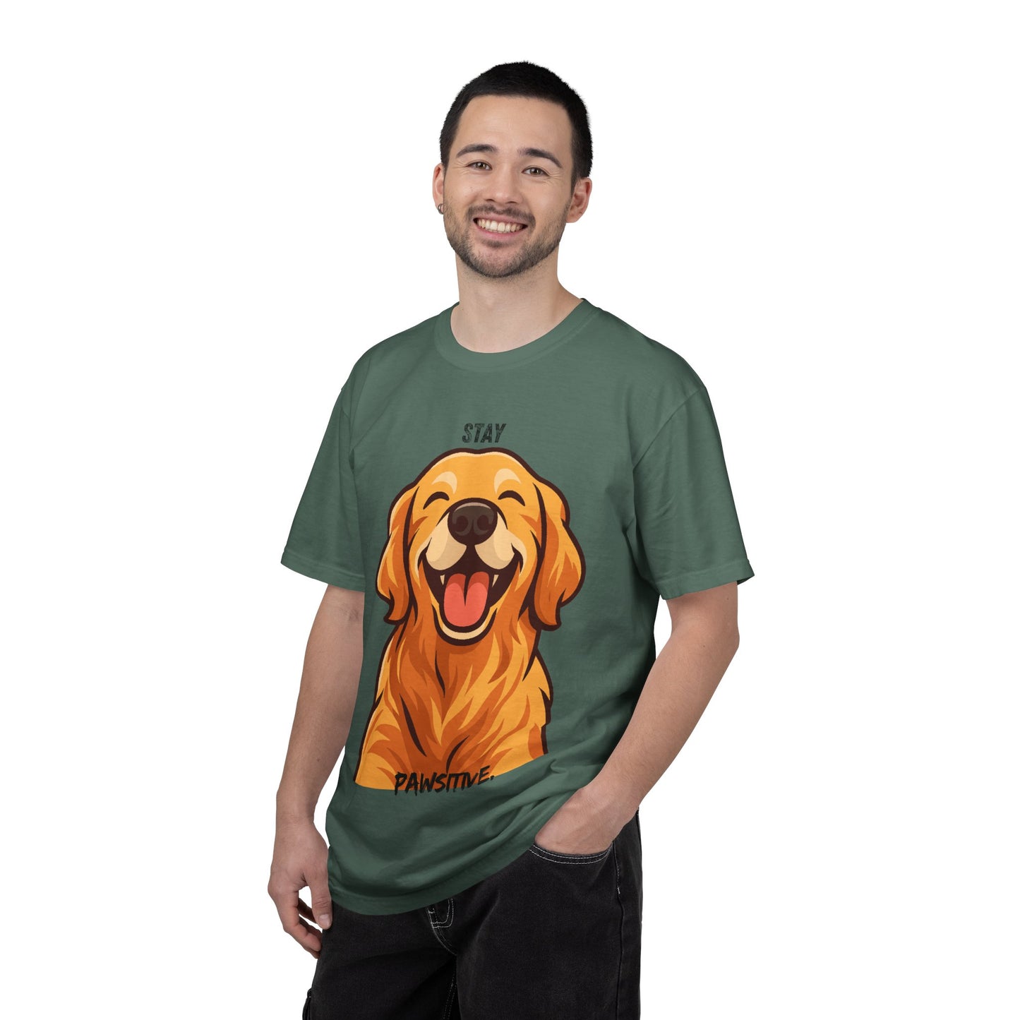 Stay Pawsitive T-Shirt | Smiling Golden Retriever Graphic Tee | Happy Dog Shirt | Positive Vibes Gift