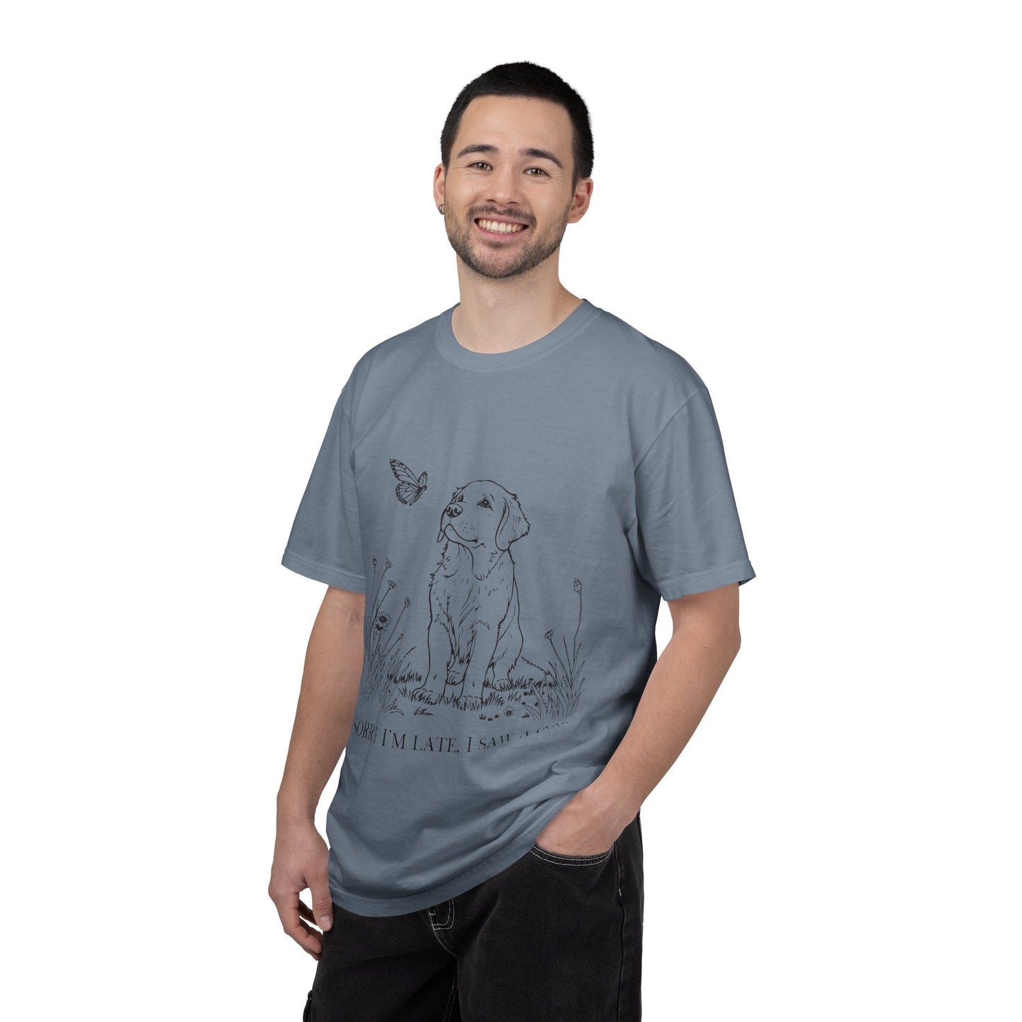 Sorry I'm Late I Saw A Dog T-Shirt | Cute Puppy & Butterfly Graphic Tee | Funny Dog Lover Gift