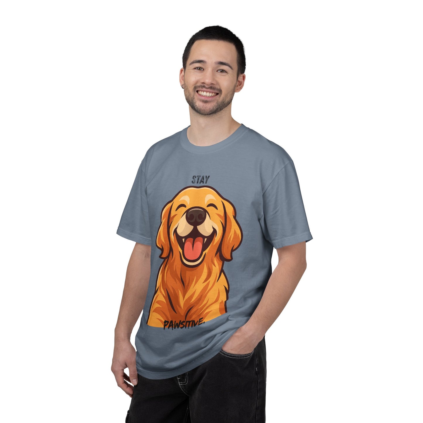 Stay Pawsitive T-Shirt | Smiling Golden Retriever Graphic Tee | Happy Dog Shirt | Positive Vibes Gift