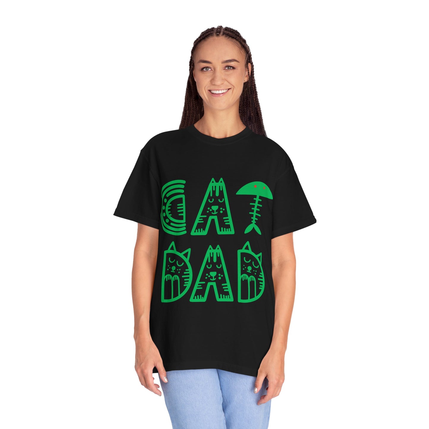 Cat Dad Funny T-Shirt | Retro Green Kitty Letters Graphic Tee | Cat Lover Gift | Playful Men's Shirt