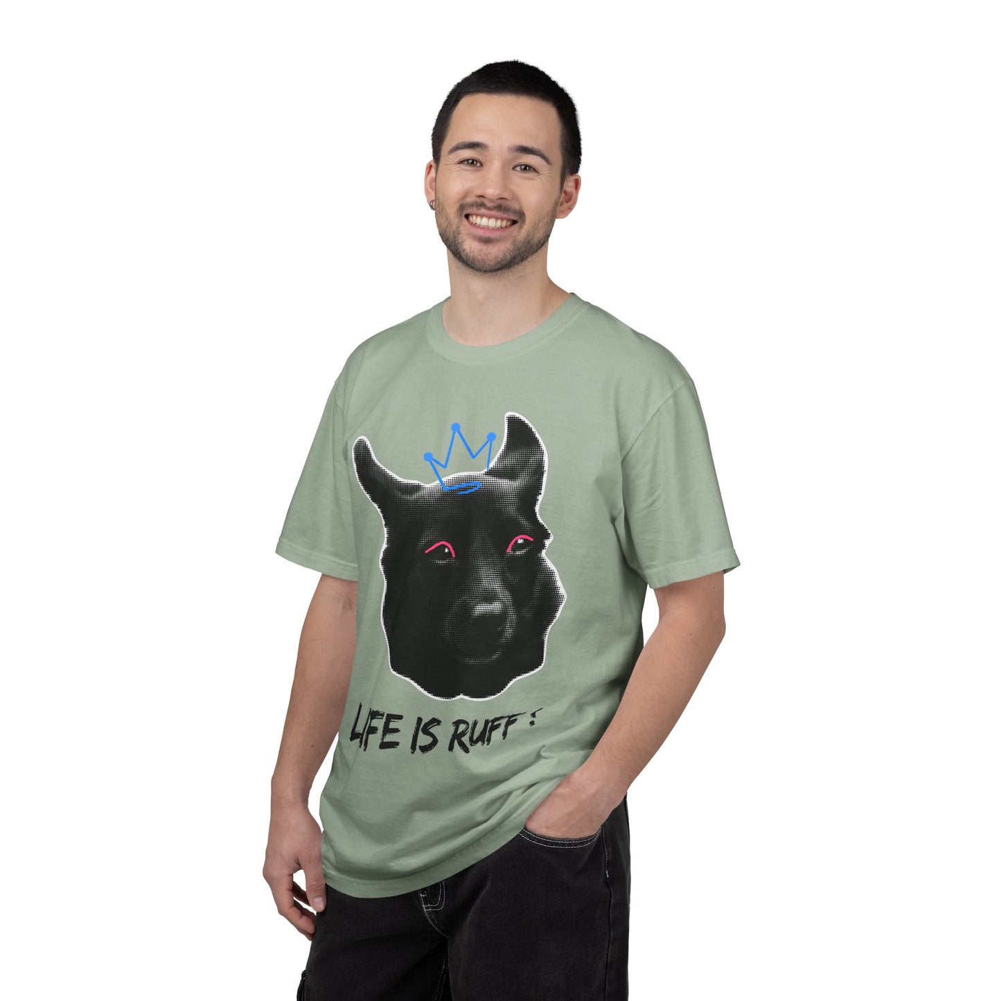 Life Is Ruff T-Shirt | Funny Black Dog with Crown Graphic | Edgy & Cute Pet Lover Tee | Vintage Wash
