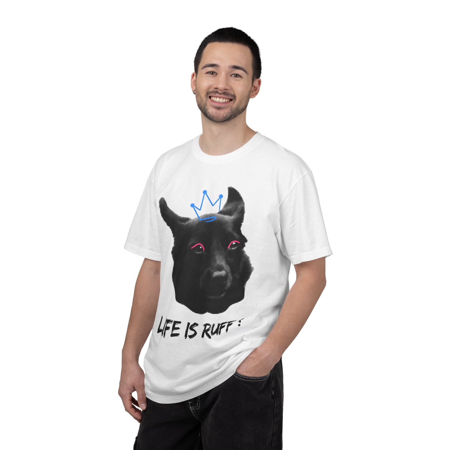 Life Is Ruff T-Shirt | Funny Black Dog with Crown Graphic | Edgy & Cute Pet Lover Tee | Vintage Wash