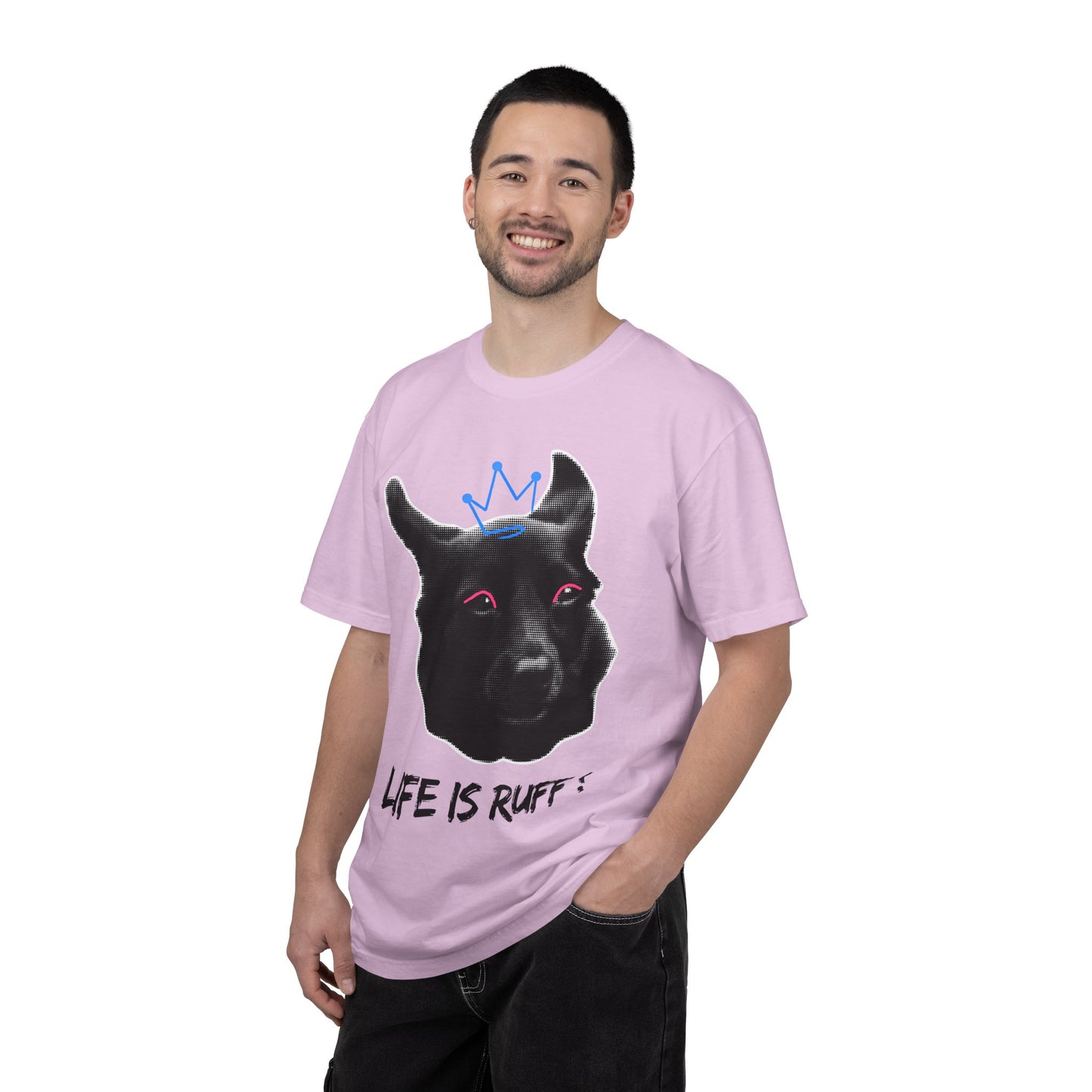 Life Is Ruff T-Shirt | Funny Black Dog with Crown Graphic | Edgy & Cute Pet Lover Tee | Vintage Wash