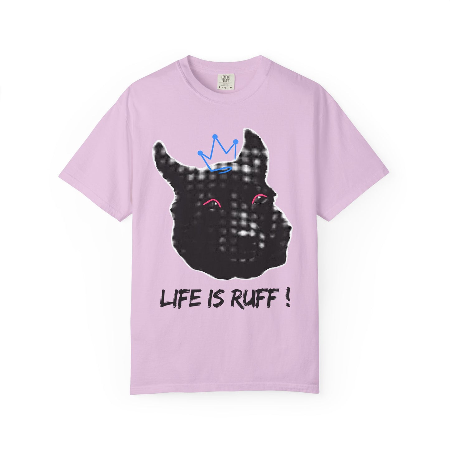 Life Is Ruff T-Shirt | Funny Black Dog with Crown Graphic | Edgy & Cute Pet Lover Tee | Vintage Wash