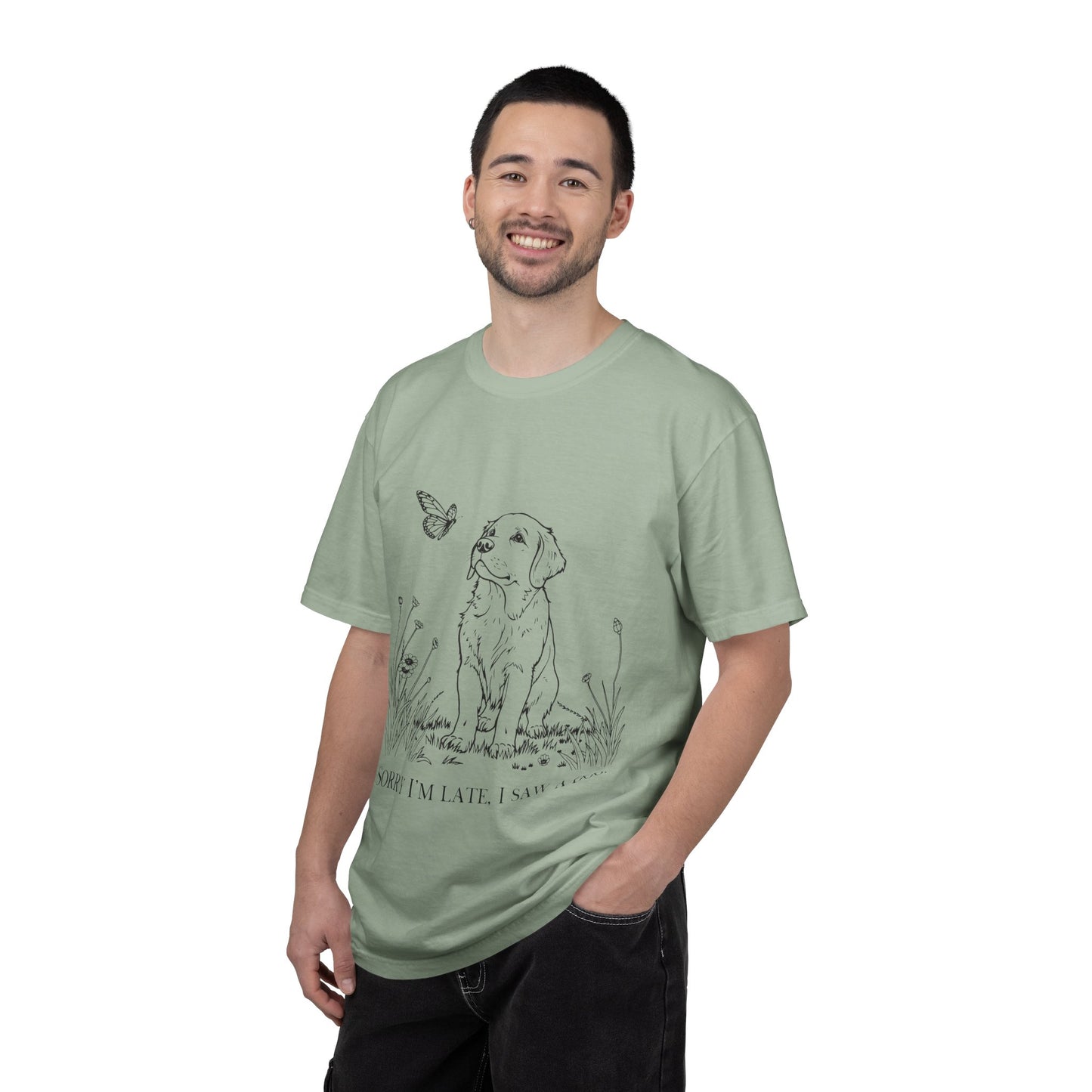 Sorry I'm Late I Saw A Dog T-Shirt | Cute Puppy & Butterfly Graphic Tee | Funny Dog Lover Gift
