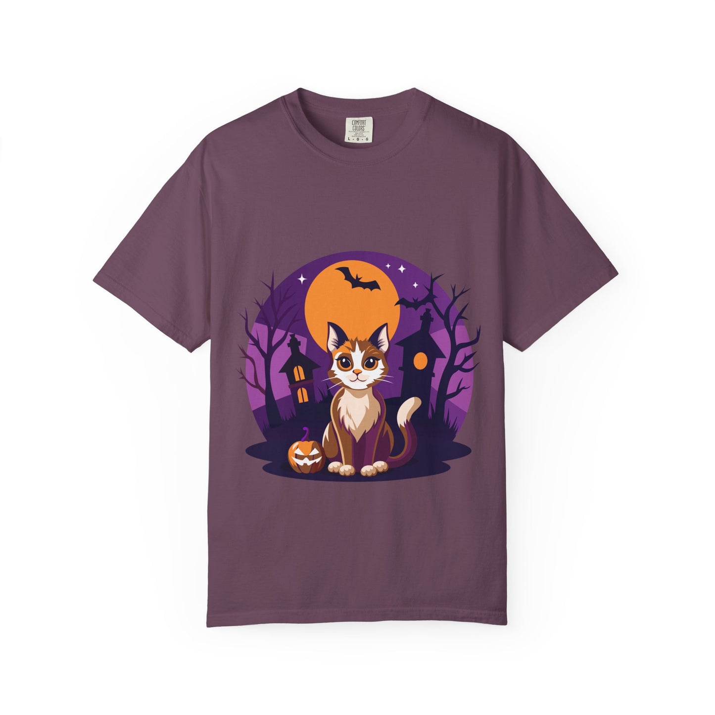 Halloween Cat T-Shirt | Cute Spooky Pumpkin & Haunted House Tee | Vintage Wash Fall Top