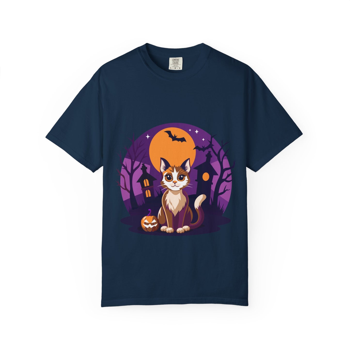 Halloween Cat T-Shirt | Cute Spooky Pumpkin & Haunted House Tee | Vintage Wash Fall Top