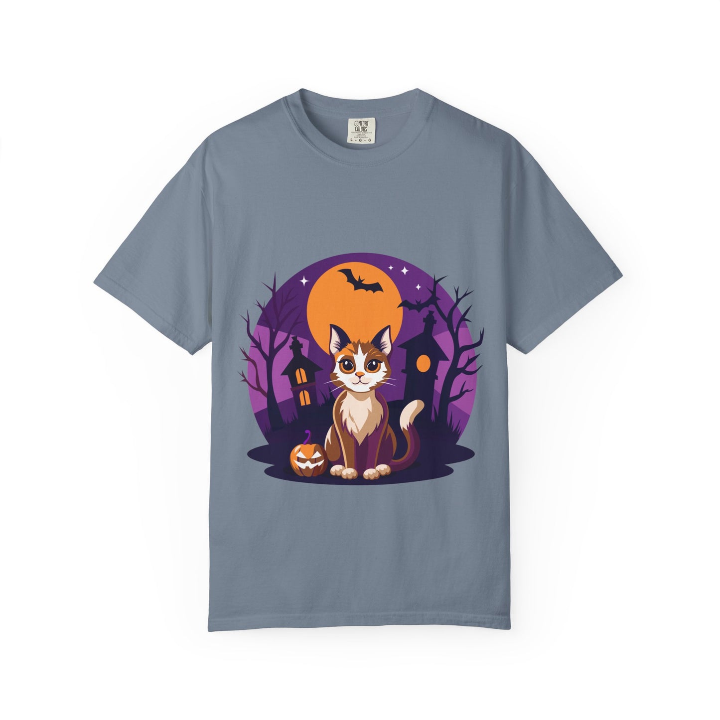 Halloween Cat T-Shirt | Cute Spooky Pumpkin & Haunted House Tee | Vintage Wash Fall Top