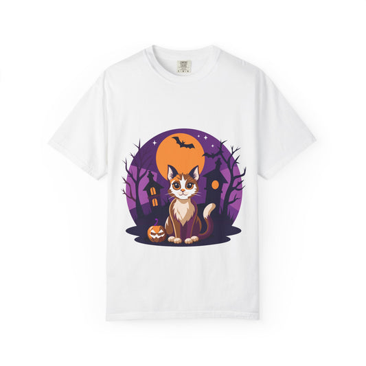 Halloween Cat T-Shirt | Cute Spooky Pumpkin & Haunted House Tee | Vintage Wash Fall Top