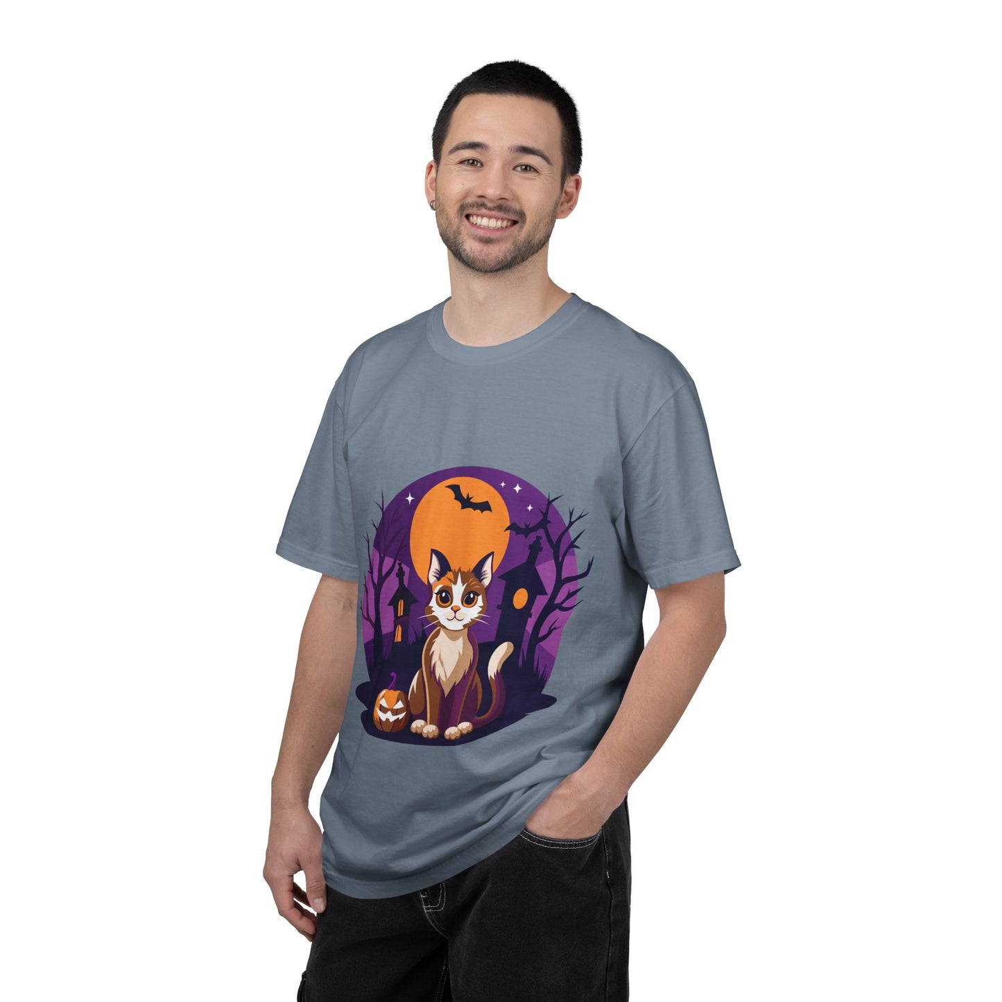 Halloween Cat T-Shirt | Cute Spooky Pumpkin & Haunted House Tee | Vintage Wash Fall Top