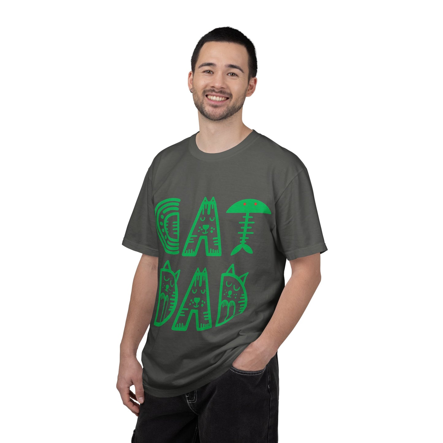 Cat Dad Funny T-Shirt | Retro Green Kitty Letters Graphic Tee | Cat Lover Gift | Playful Men's Shirt