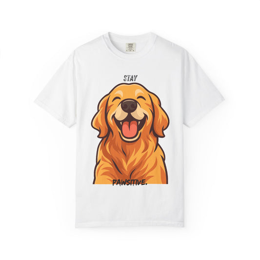 Stay Pawsitive T-Shirt | Smiling Golden Retriever Graphic Tee | Happy Dog Shirt | Positive Vibes Gift