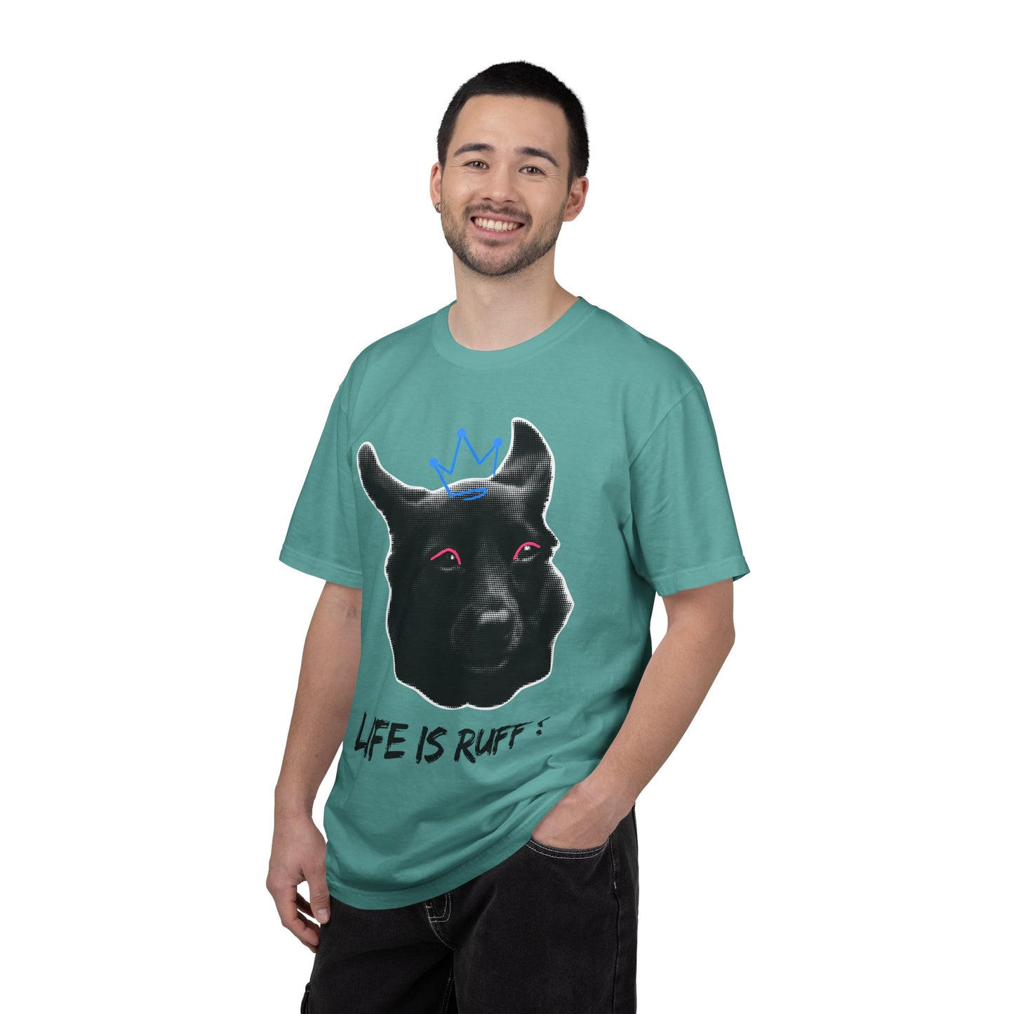 Life Is Ruff T-Shirt | Funny Black Dog with Crown Graphic | Edgy & Cute Pet Lover Tee | Vintage Wash