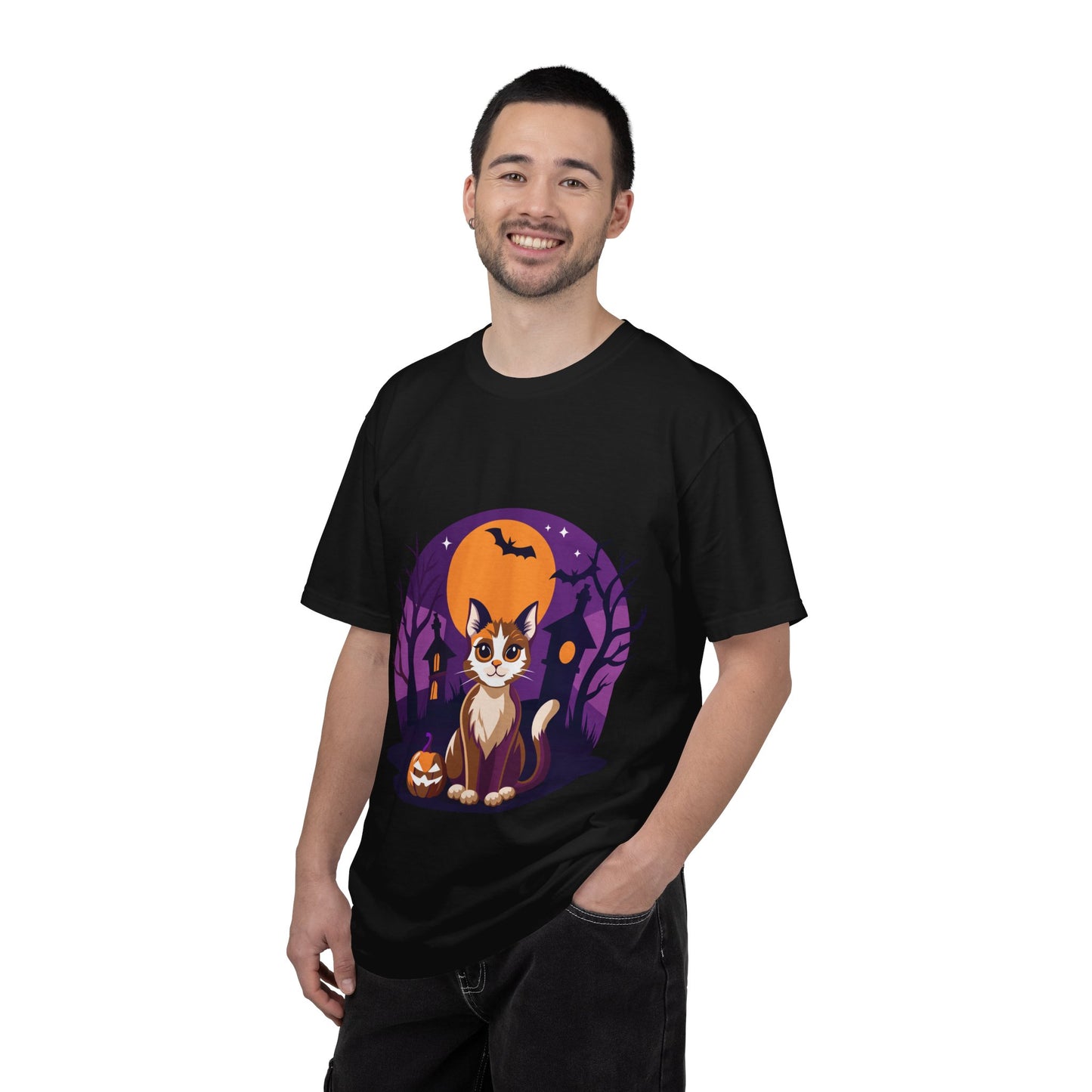 Halloween Cat T-Shirt | Cute Spooky Pumpkin & Haunted House Tee | Vintage Wash Fall Top