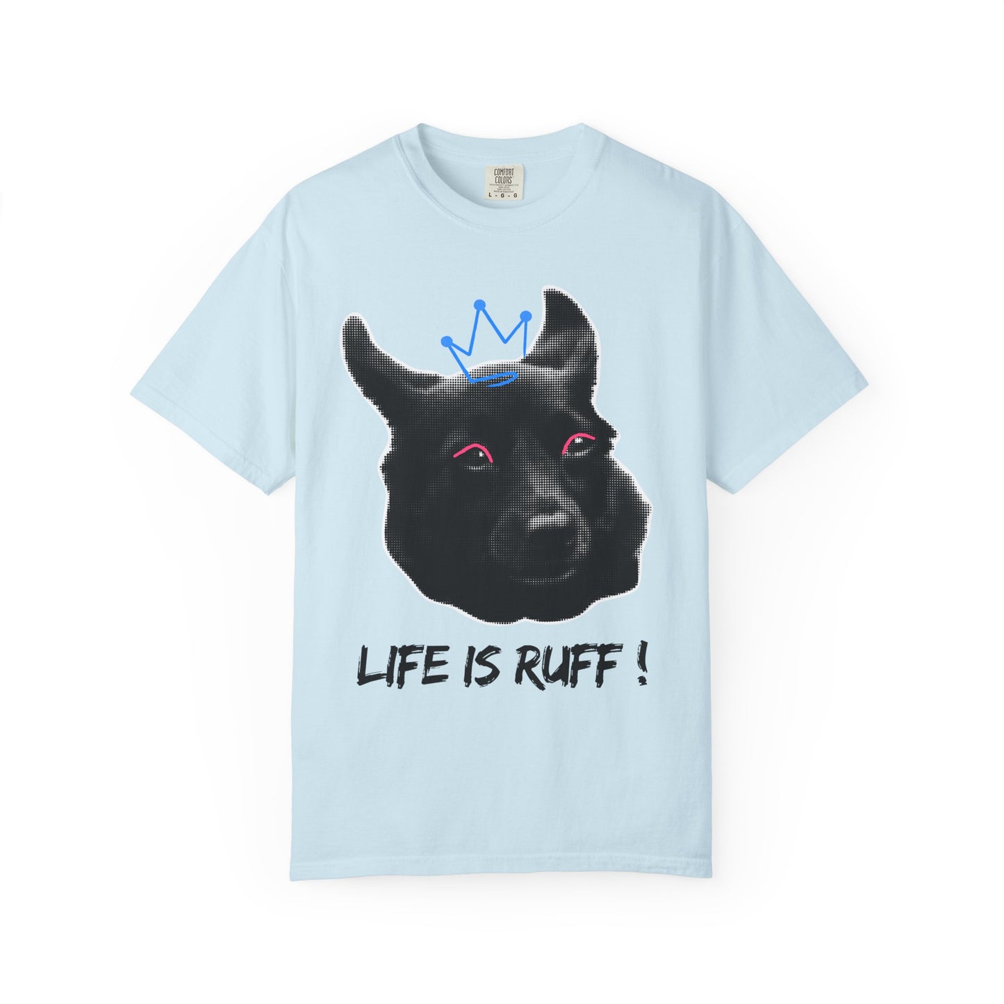 Life Is Ruff T-Shirt | Funny Black Dog with Crown Graphic | Edgy & Cute Pet Lover Tee | Vintage Wash