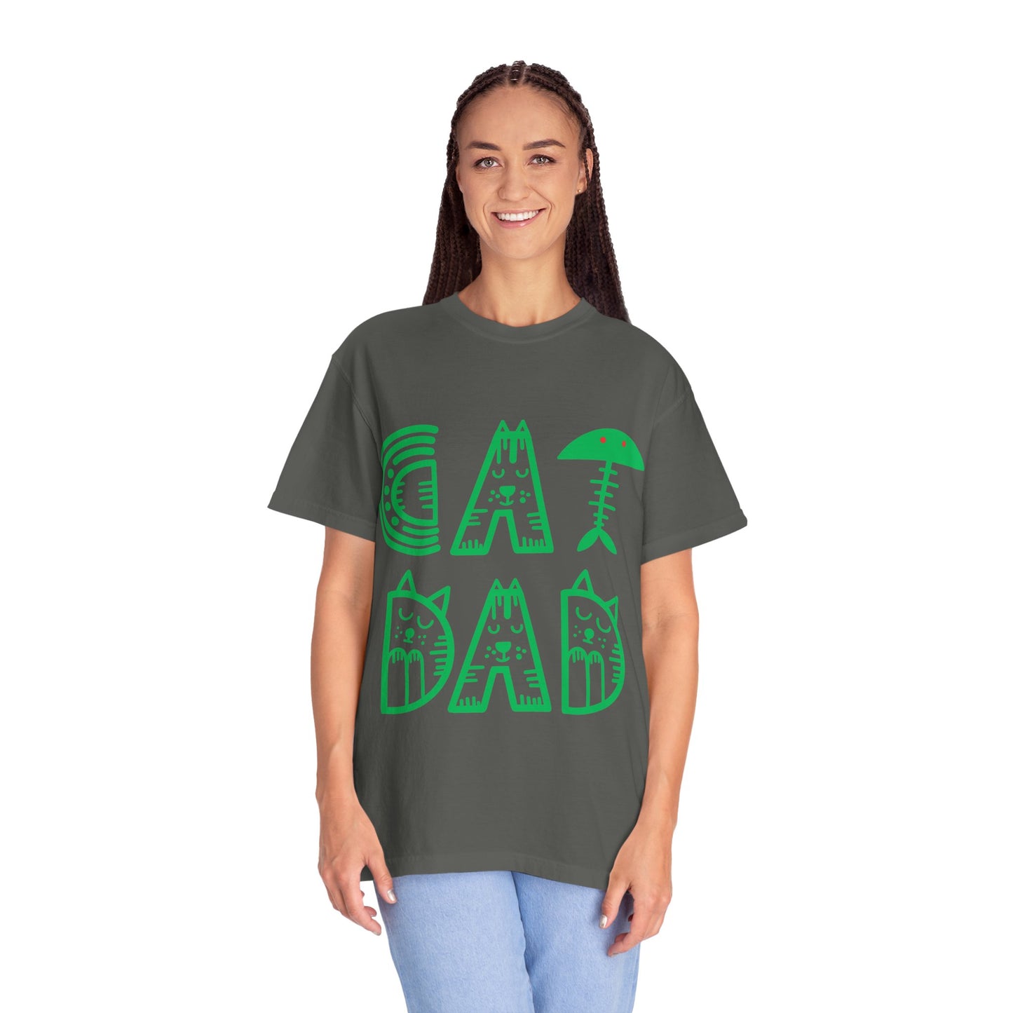 Cat Dad Funny T-Shirt | Retro Green Kitty Letters Graphic Tee | Cat Lover Gift | Playful Men's Shirt