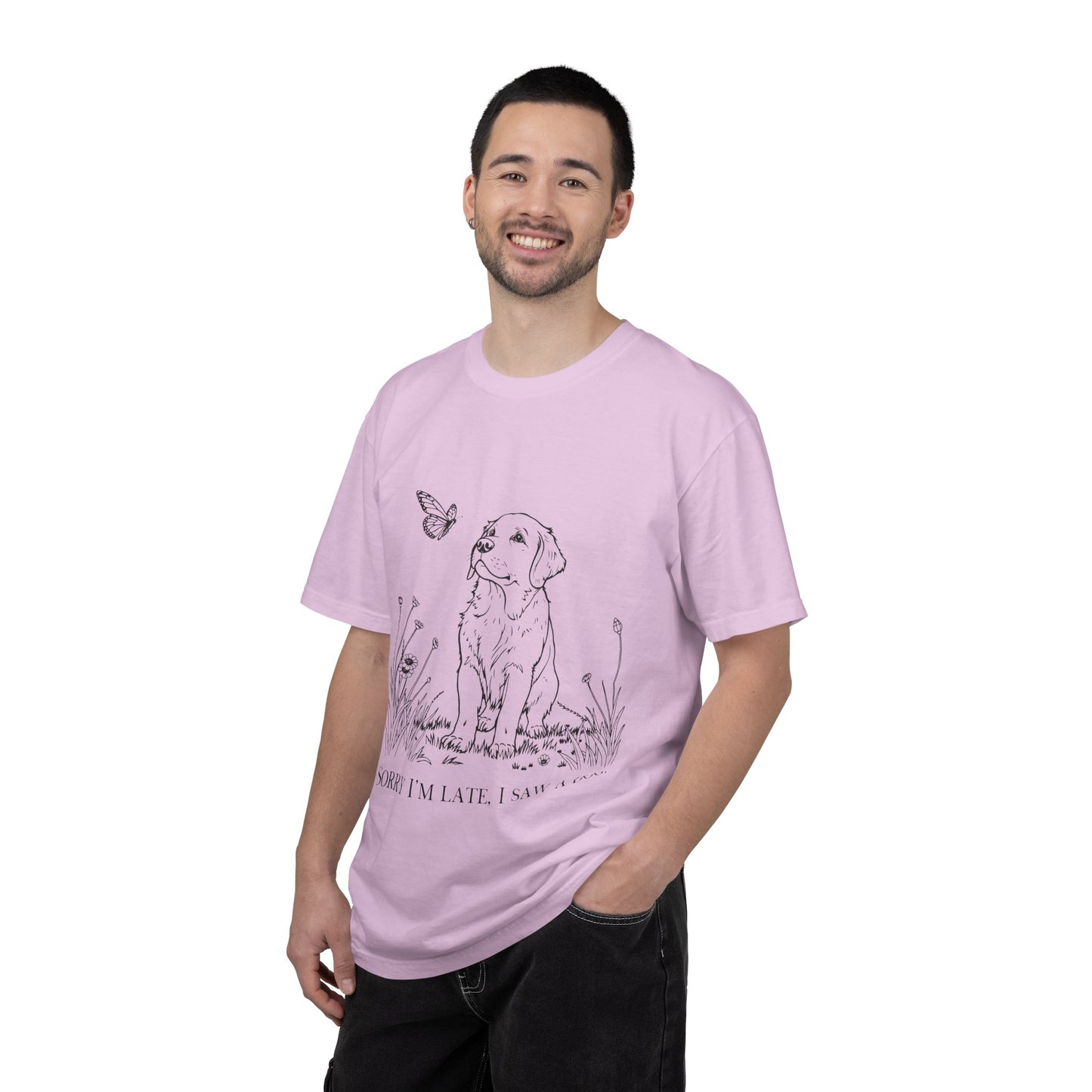 Sorry I'm Late I Saw A Dog T-Shirt | Cute Puppy & Butterfly Graphic Tee | Funny Dog Lover Gift