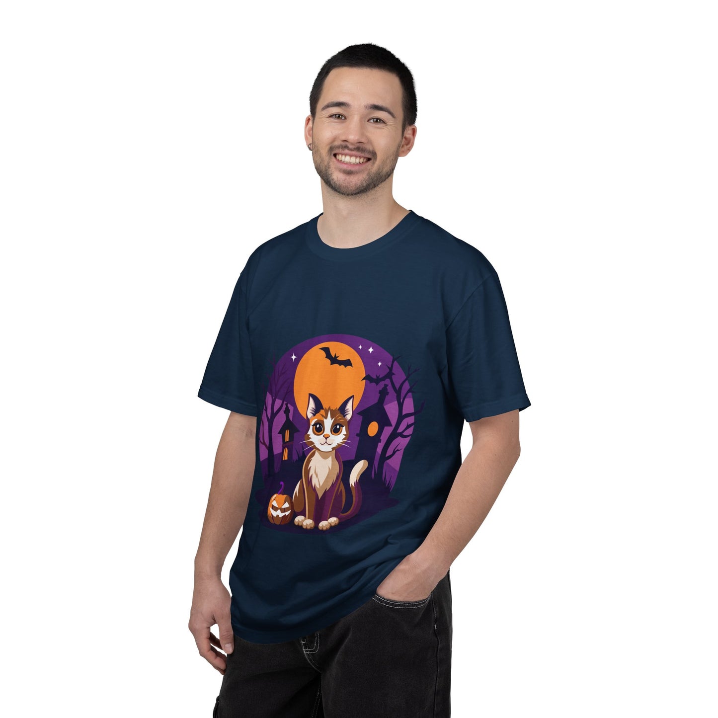 Halloween Cat T-Shirt | Cute Spooky Pumpkin & Haunted House Tee | Vintage Wash Fall Top