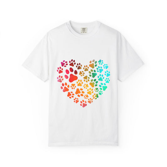 Rainbow Paw Print Heart T-Shirt | Colorful Dog Lover Gift | Rescue Advocacy Tee | Vintage Wash Cotton