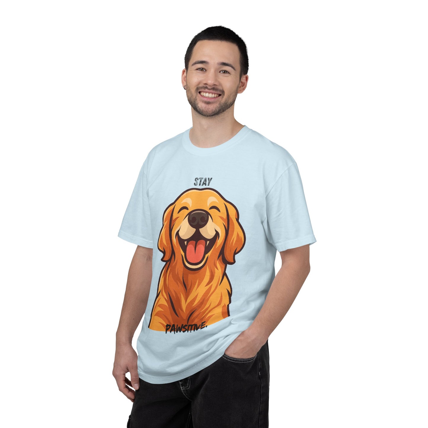 Stay Pawsitive T-Shirt | Smiling Golden Retriever Graphic Tee | Happy Dog Shirt | Positive Vibes Gift