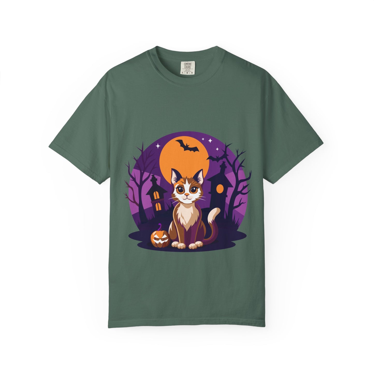 Halloween Cat T-Shirt | Cute Spooky Pumpkin & Haunted House Tee | Vintage Wash Fall Top
