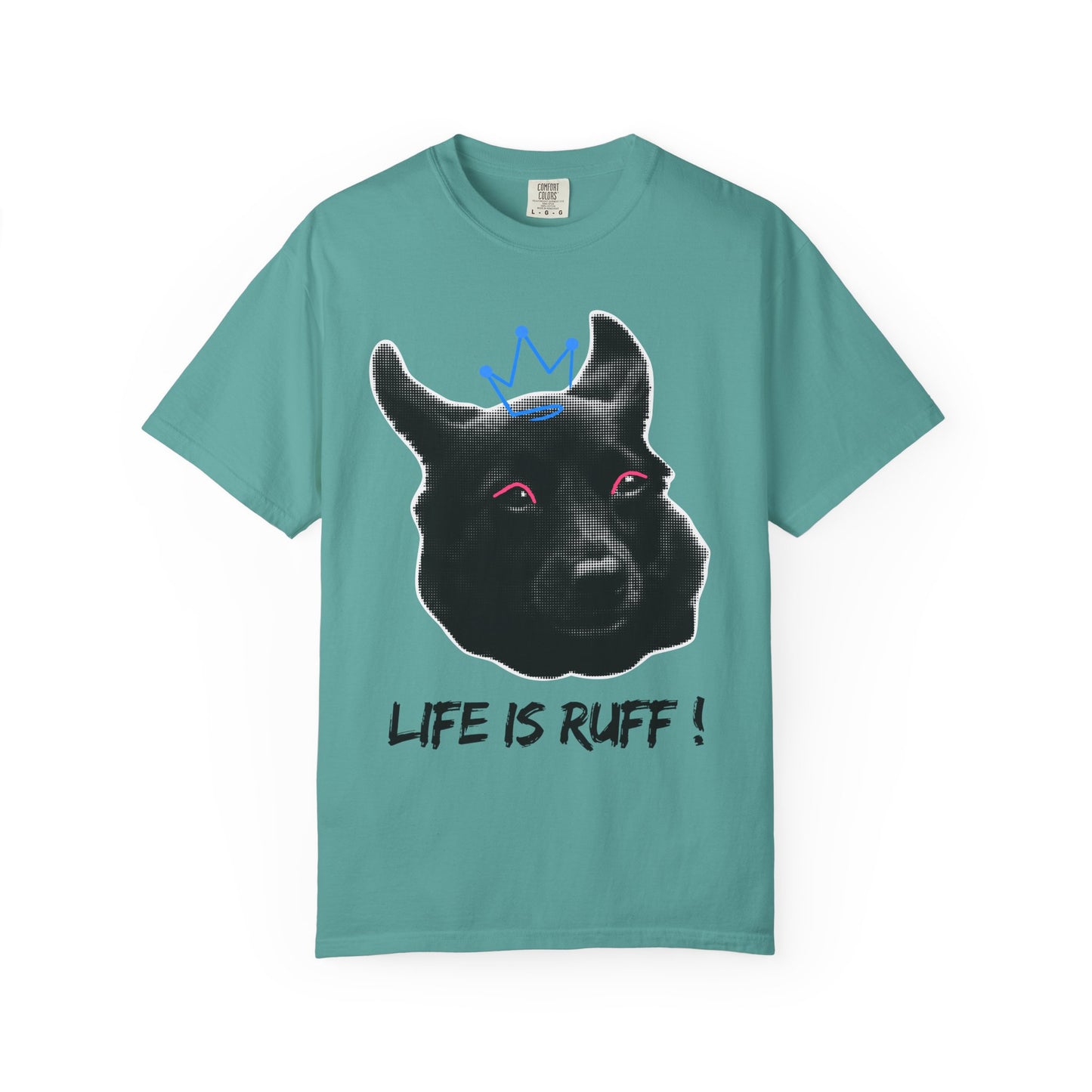 Life Is Ruff T-Shirt | Funny Black Dog with Crown Graphic | Edgy & Cute Pet Lover Tee | Vintage Wash