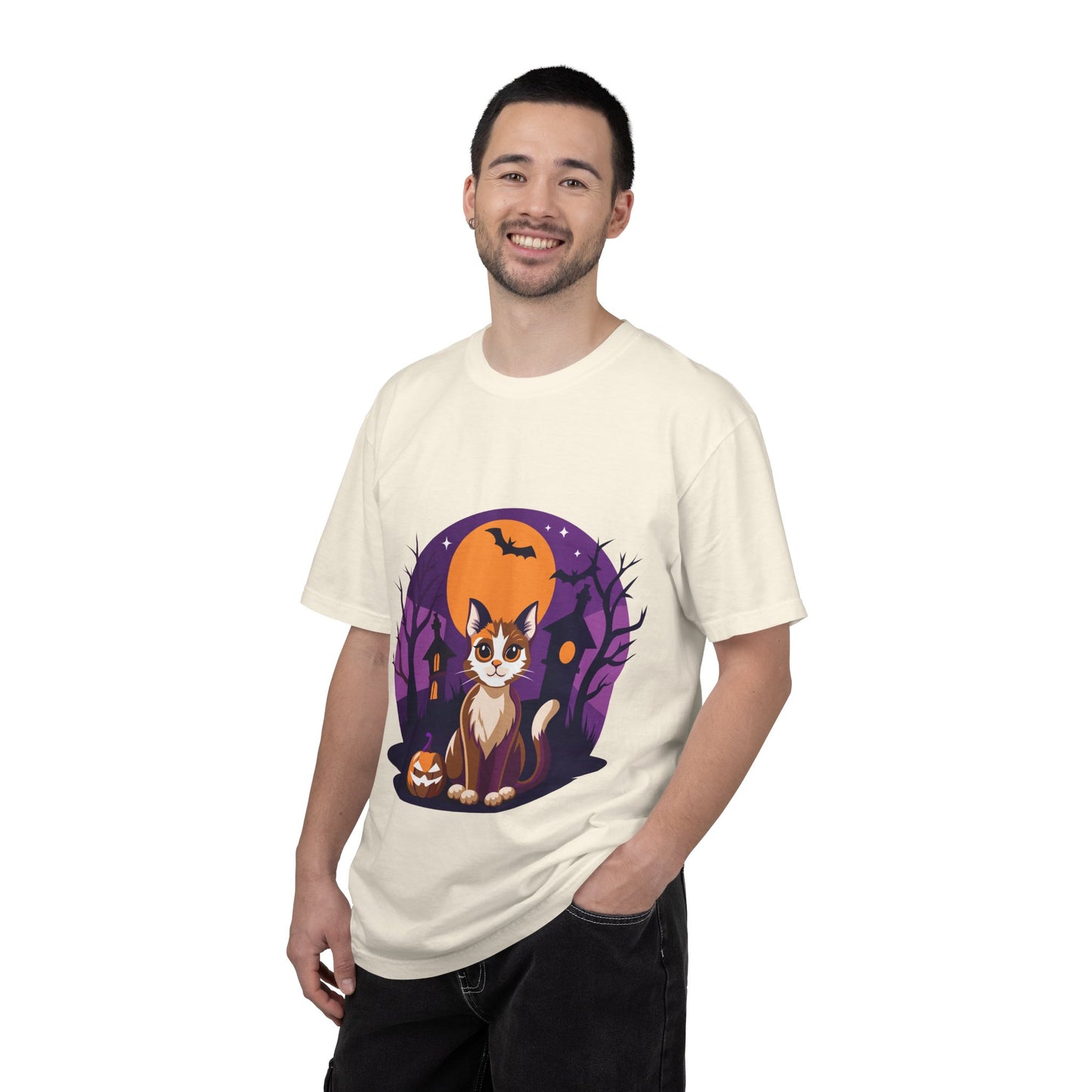 Halloween Cat T-Shirt | Cute Spooky Pumpkin & Haunted House Tee | Vintage Wash Fall Top