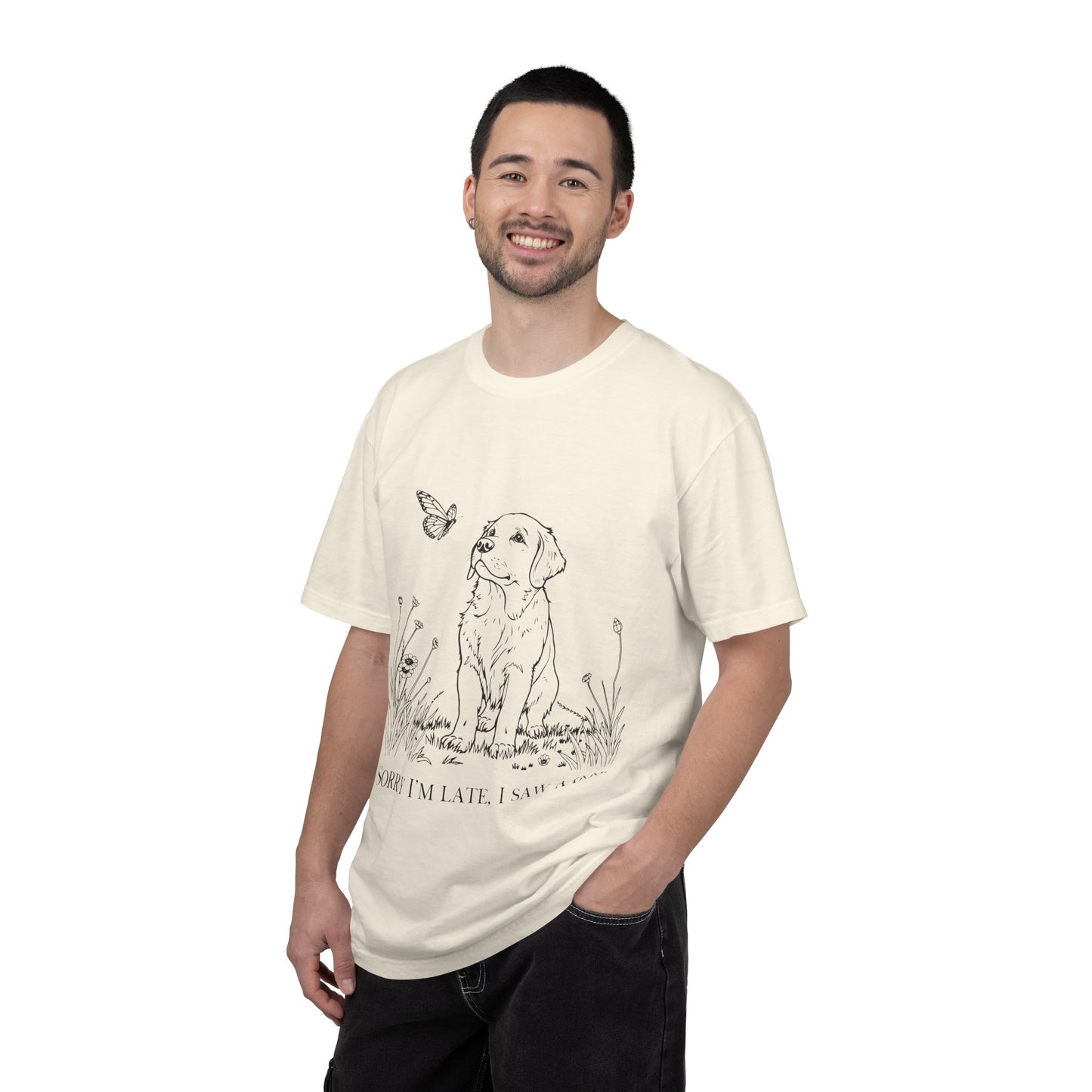 Sorry I'm Late I Saw A Dog T-Shirt | Cute Puppy & Butterfly Graphic Tee | Funny Dog Lover Gift