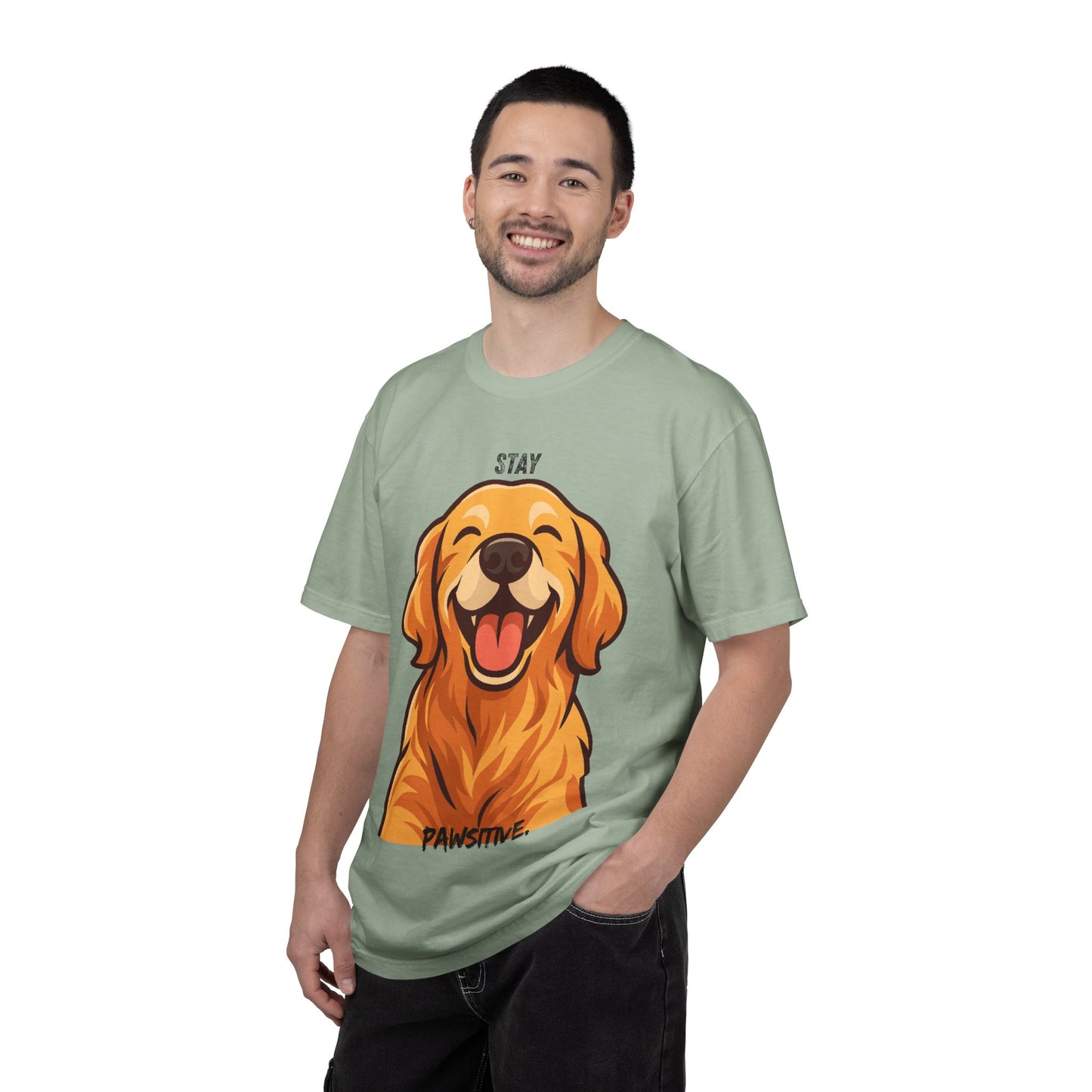 Stay Pawsitive T-Shirt | Smiling Golden Retriever Graphic Tee | Happy Dog Shirt | Positive Vibes Gift