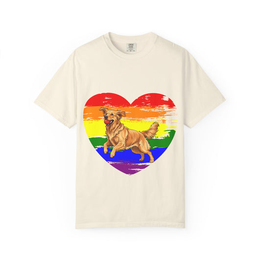 Golden Retriever Rainbow Heart T-Shirt | Colorful Dog Lover Gift | Playful Pup Graphic Tee | Pride & Love