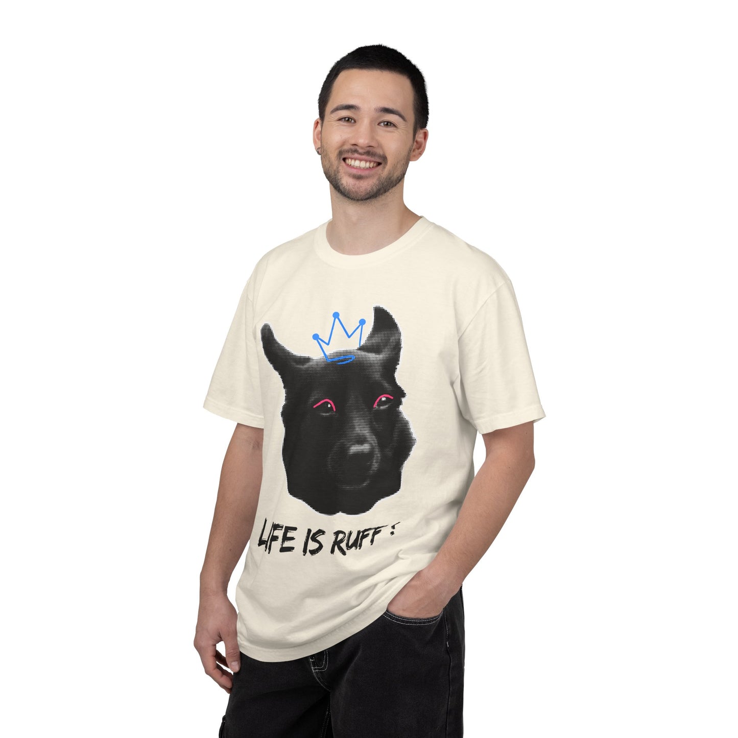 Life Is Ruff T-Shirt | Funny Black Dog with Crown Graphic | Edgy & Cute Pet Lover Tee | Vintage Wash