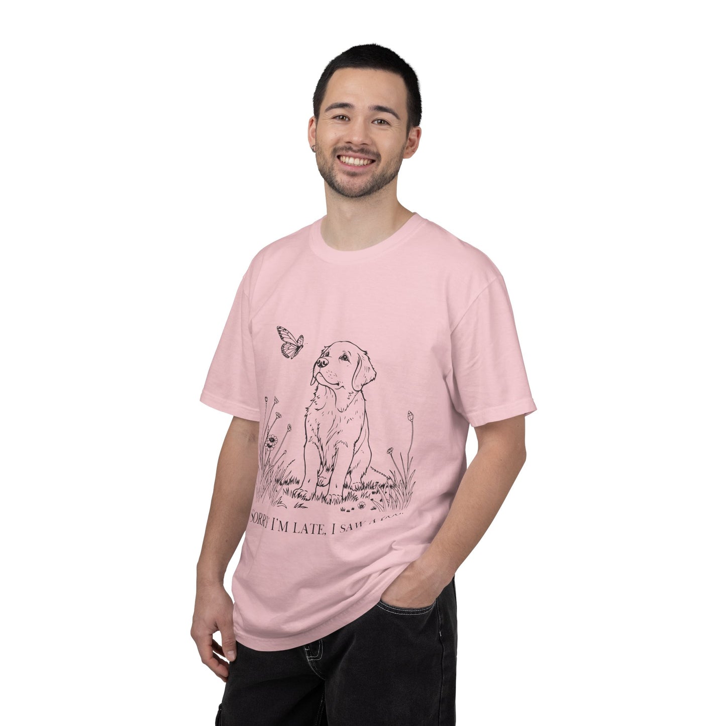 Sorry I'm Late I Saw A Dog T-Shirt | Cute Puppy & Butterfly Graphic Tee | Funny Dog Lover Gift