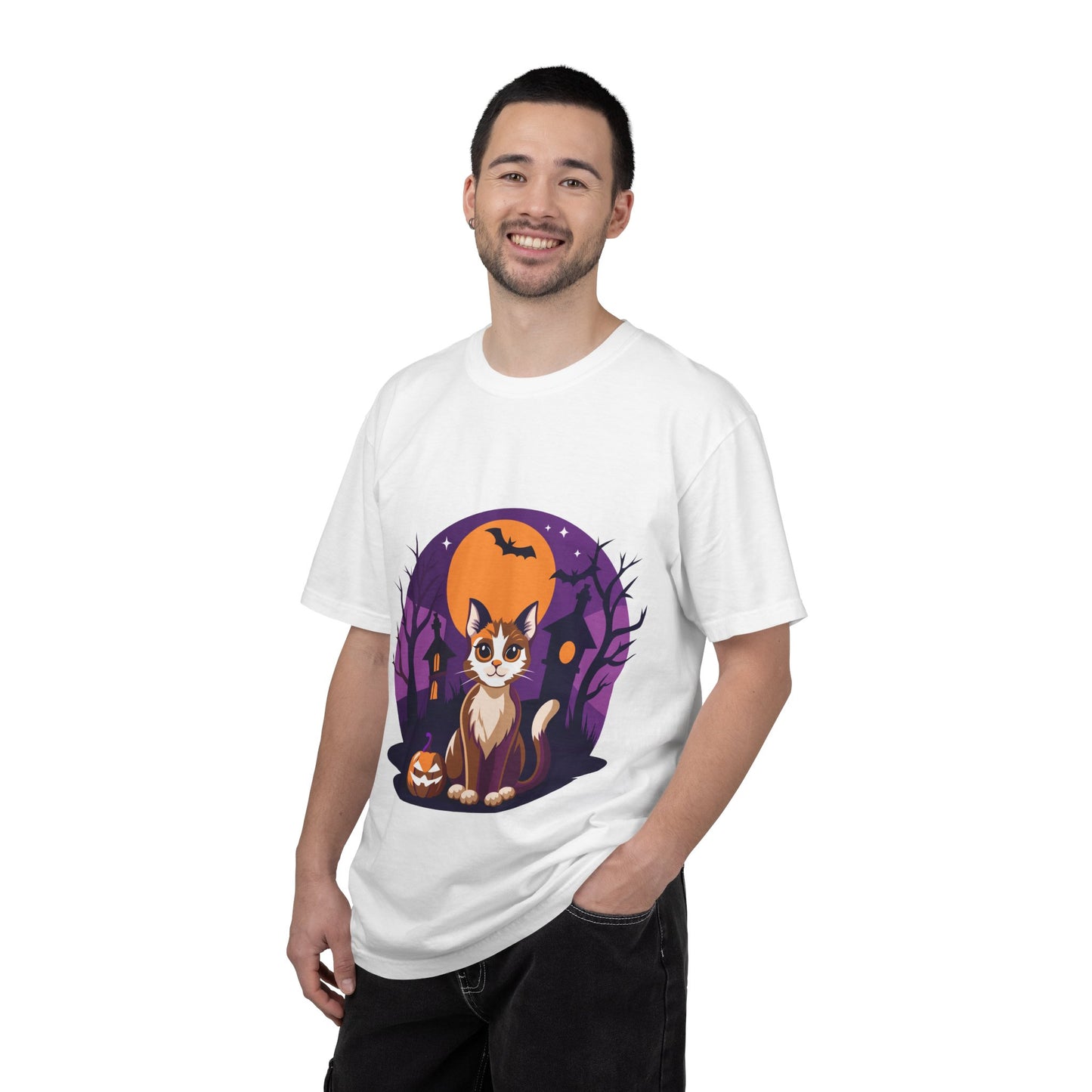 Halloween Cat T-Shirt | Cute Spooky Pumpkin & Haunted House Tee | Vintage Wash Fall Top