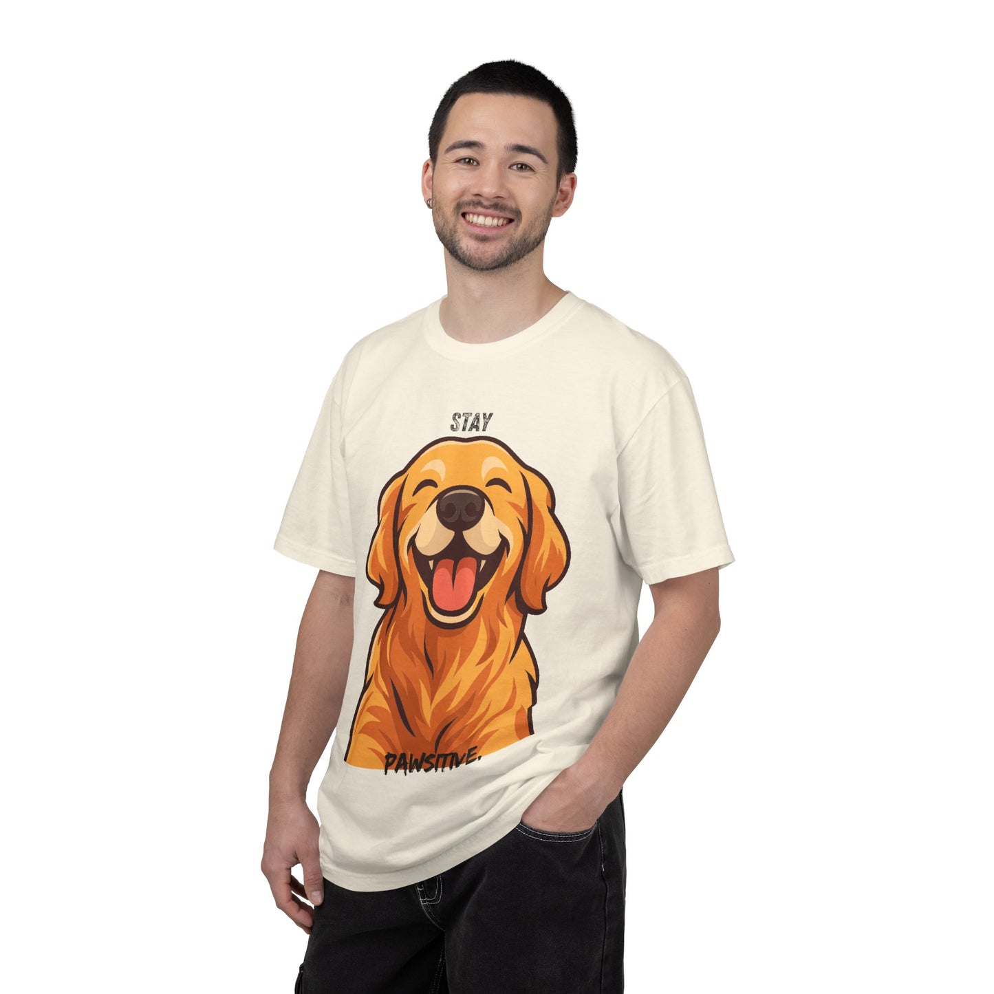 Stay Pawsitive T-Shirt | Smiling Golden Retriever Graphic Tee | Happy Dog Shirt | Positive Vibes Gift