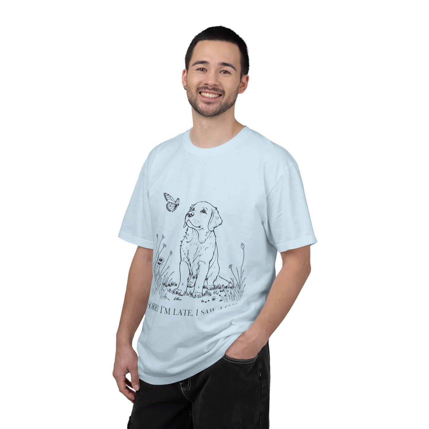 Sorry I'm Late I Saw A Dog T-Shirt | Cute Puppy & Butterfly Graphic Tee | Funny Dog Lover Gift